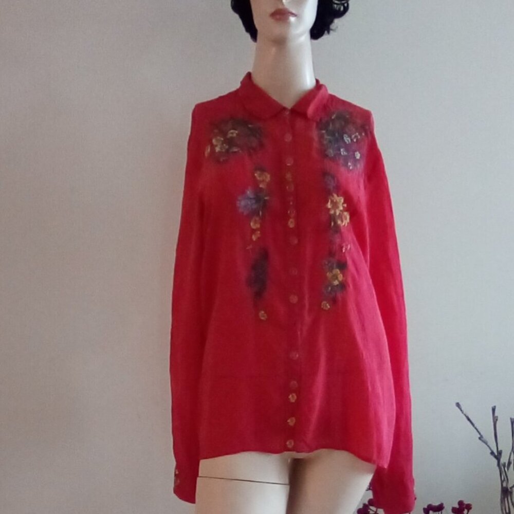 Johnny Was Women's Red, Floral Embroidered Long Sleeve Top Sz  Large